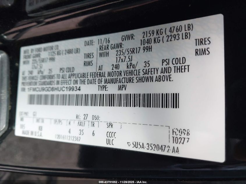 2017 Ford Escape Se VIN: 1FMCU9GD8HUC19934 Lot: 43791052