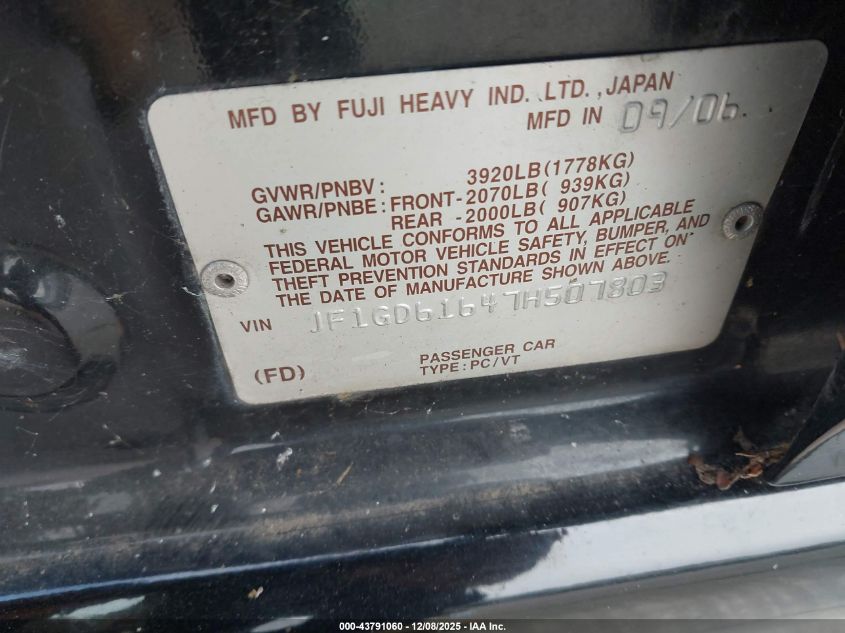 2007 Subaru Impreza 2.5I VIN: JF1GD61647H507803 Lot: 43791060