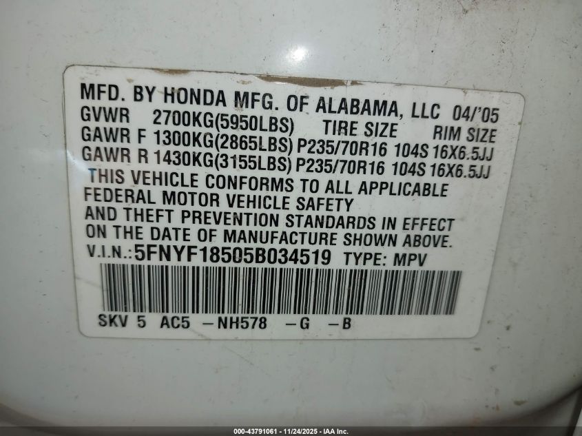 2005 Honda Pilot Ex-L VIN: 5FNYF18505B034519 Lot: 43791061