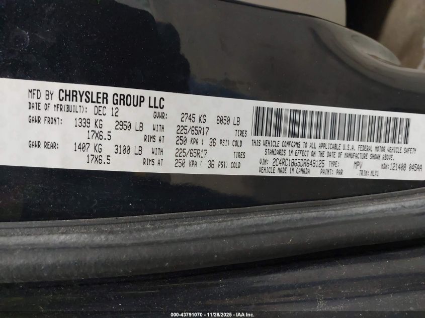 2013 Chrysler Town & Country Touring VIN: 2C4RC1BG5DR649125 Lot: 43791070