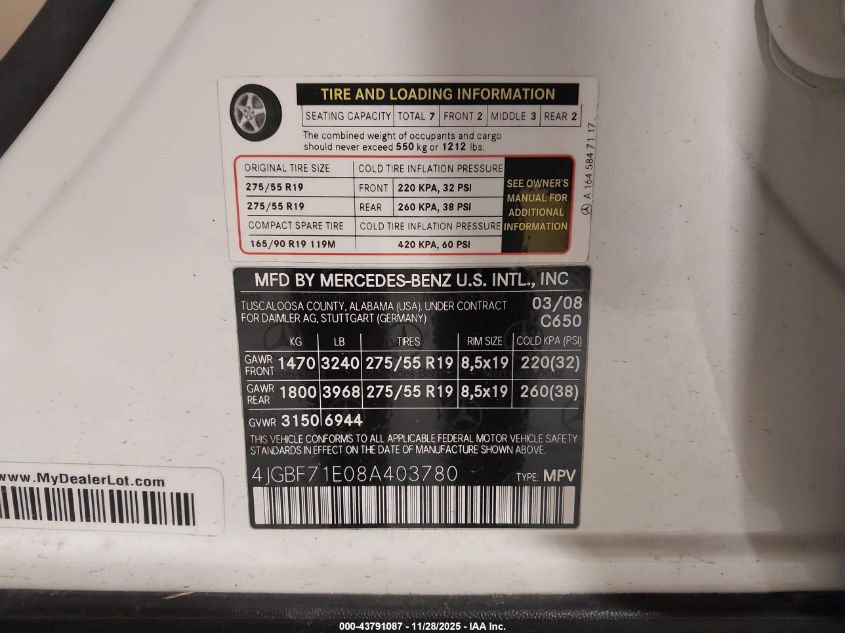 2008 Mercedes-Benz Gl 450 4Matic VIN: 4JGBF71E08A403780 Lot: 43791087