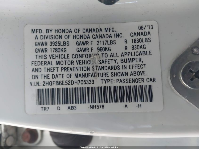 2013 Honda Civic Si VIN: 2HGFB6E52DH705333 Lot: 43791103