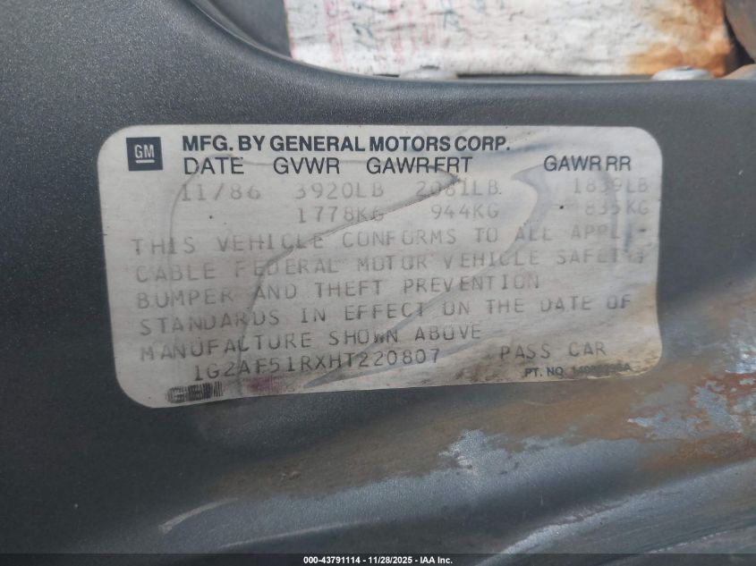 1987 Pontiac 6000 VIN: 1G2AF51RXHT220807 Lot: 43791114