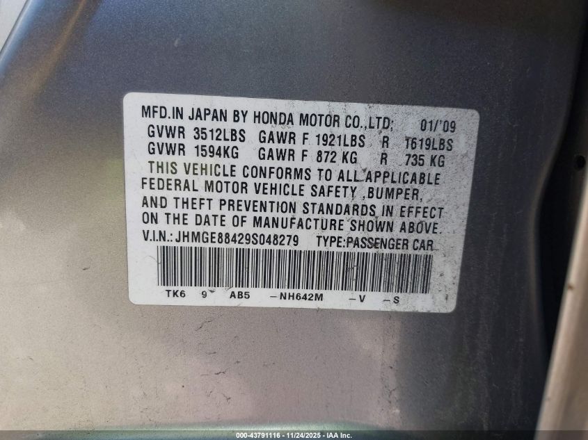 2009 Honda Fit Sport VIN: JHMGE88429S048279 Lot: 43791116