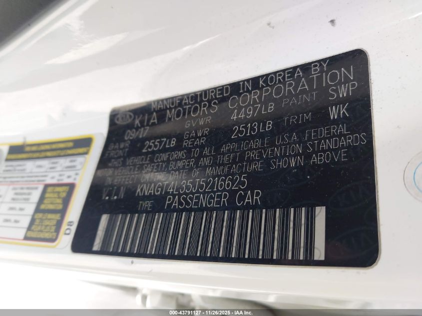 2018 Kia Optima Lx VIN: KNAGT4L35J5216625 Lot: 43791127