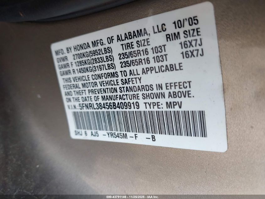 2006 Honda Odyssey Ex VIN: 5FNRL38456B409919 Lot: 43791146