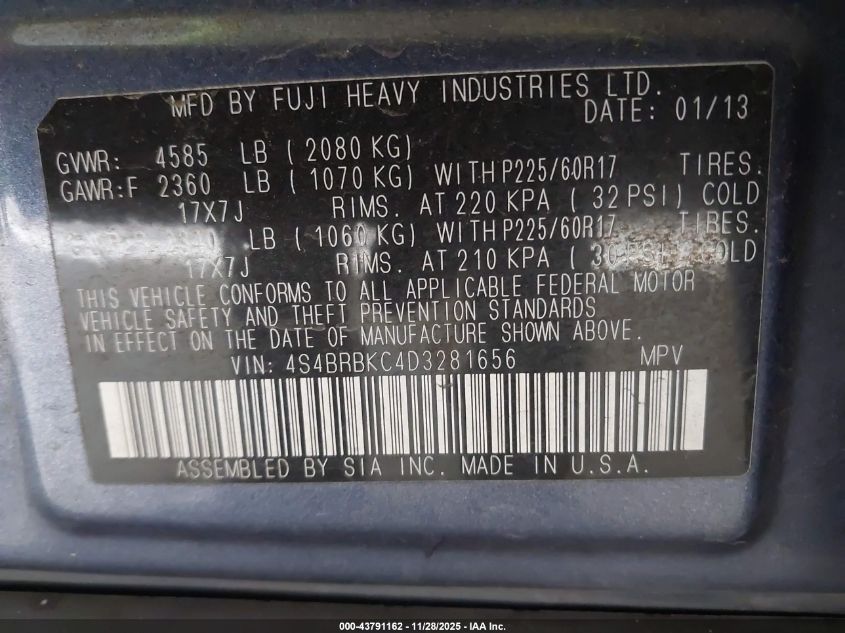 2013 Subaru Outback 2.5I Limited VIN: 4S4BRBKC4D3281656 Lot: 43791162