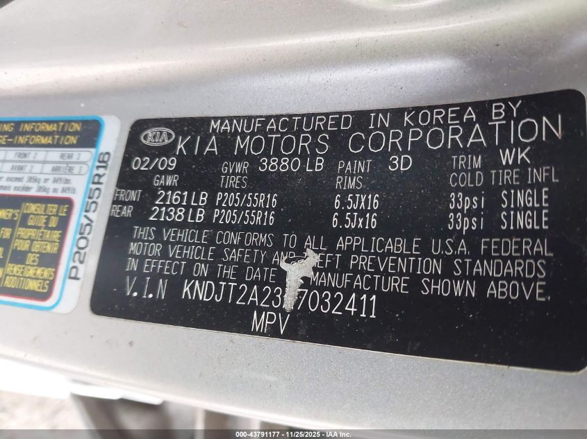 2010 Kia Soul + VIN: KNDJT2A23A7032411 Lot: 43791177