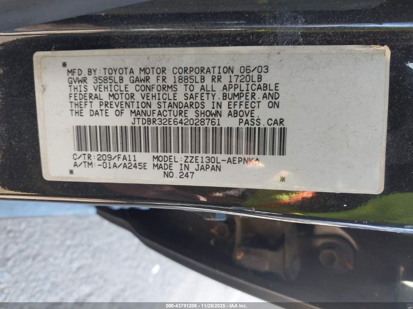 2004 Toyota Corolla Le VIN: JTDBR32E642028761 Lot: 43791206