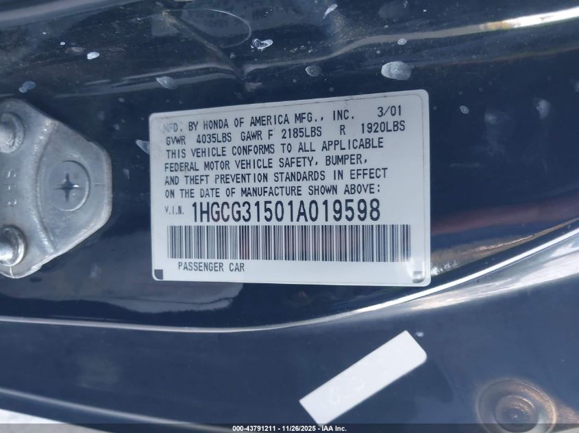 2001 Honda Accord 2.3 Ex VIN: 1HGCG31501A019598 Lot: 43791211