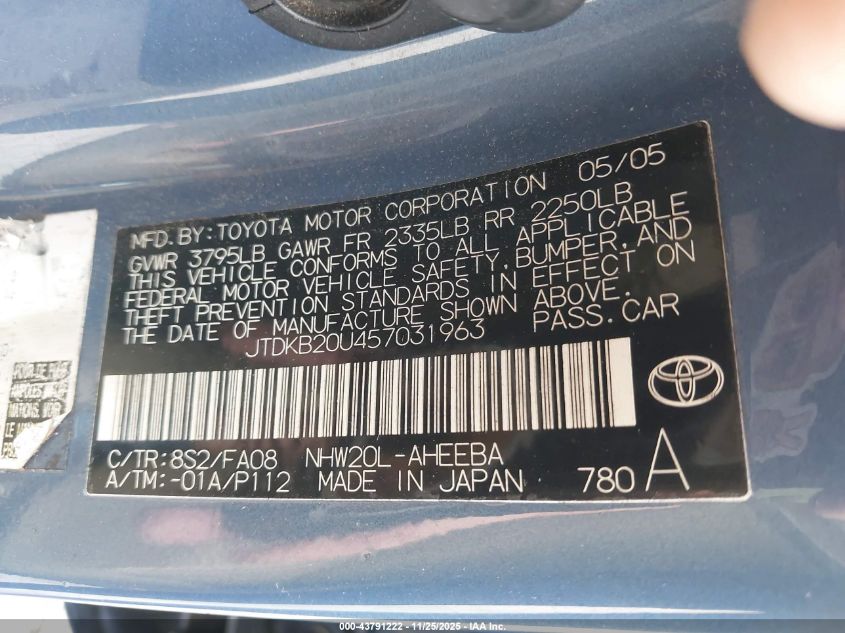 2005 Toyota Prius VIN: JTDKB20U457031963 Lot: 43791222