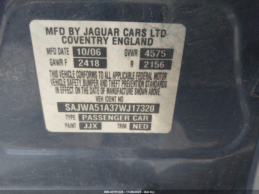 2007 Jaguar X-Type 3.0 VIN: SAJWA51A37WJ17320 Lot: 43791226