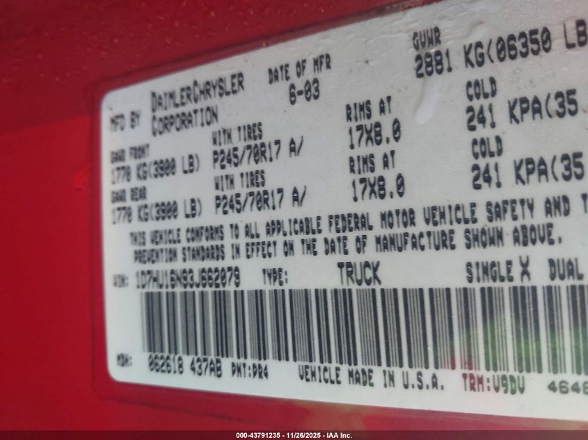 2003 Dodge Ram 1500 Slt/Laramie/St VIN: 1D7HU16N93J662079 Lot: 43791235