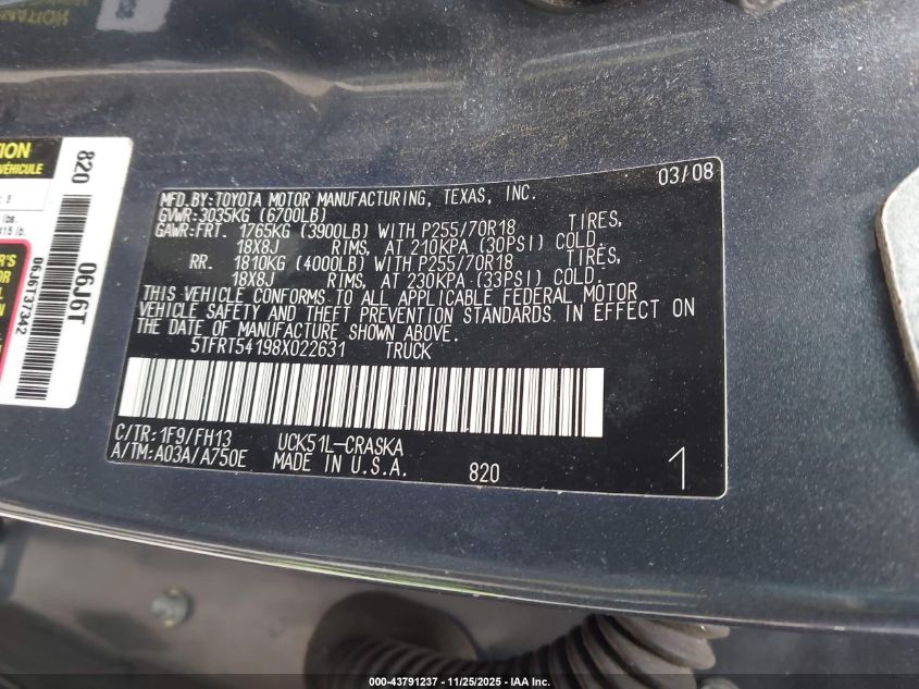 2008 Toyota Tundra Base 4.7L V8 VIN: 5TFRT54198X022631 Lot: 43791237