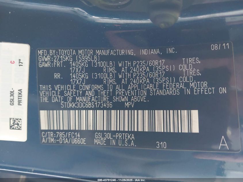 2011 Toyota Sienna Le V6 VIN: 5TDKK3DC6BS173496 Lot: 43791246