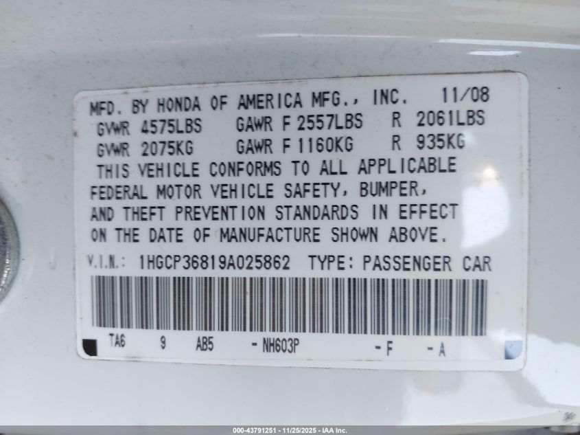 2009 Honda Accord 3.5 Ex-L VIN: 1HGCP36819A025862 Lot: 43791251