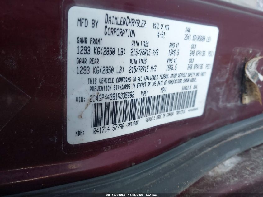 2001 Chrysler Town & Country Lx VIN: 2C4GP44381R335682 Lot: 43791253