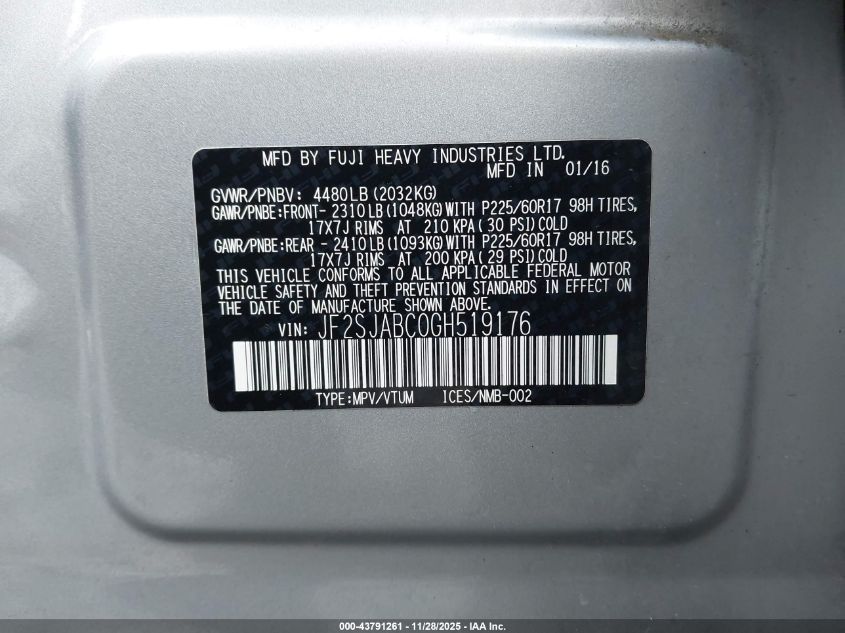 2016 Subaru Forester 2.5I VIN: JF2SJABC0GH519176 Lot: 43791261
