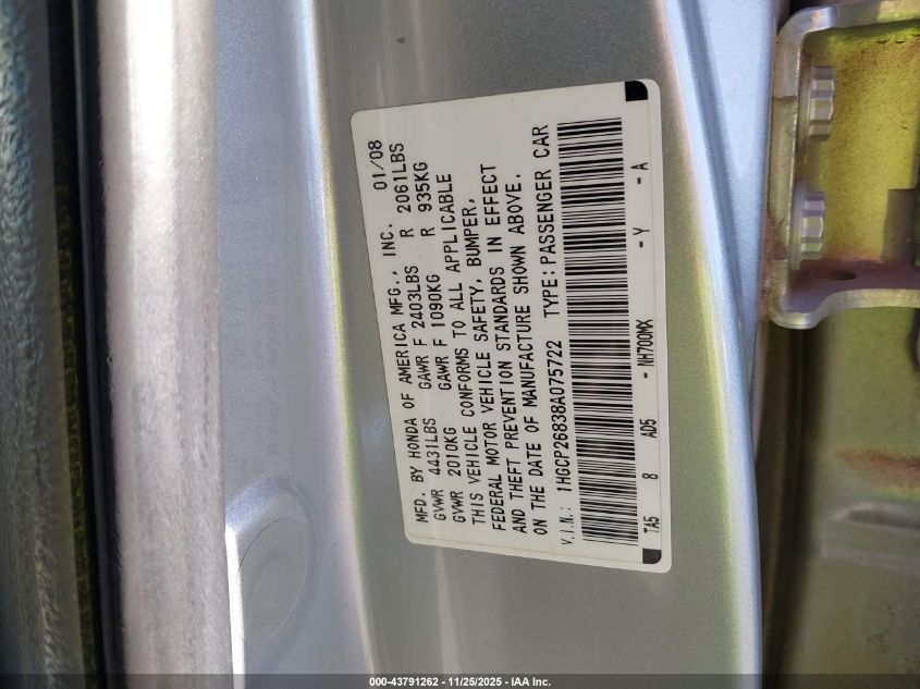 2008 Honda Accord 2.4 Ex-L VIN: 1HGCP26838A075722 Lot: 43791262