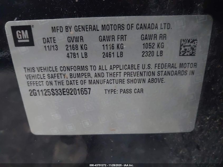 2014 Chevrolet Impala 2Lt VIN: 2G1125S33E9201657 Lot: 43791272
