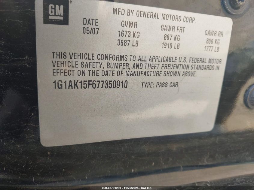 2007 Chevrolet Cobalt Ls VIN: 1G1AK15F677350910 Lot: 43791289