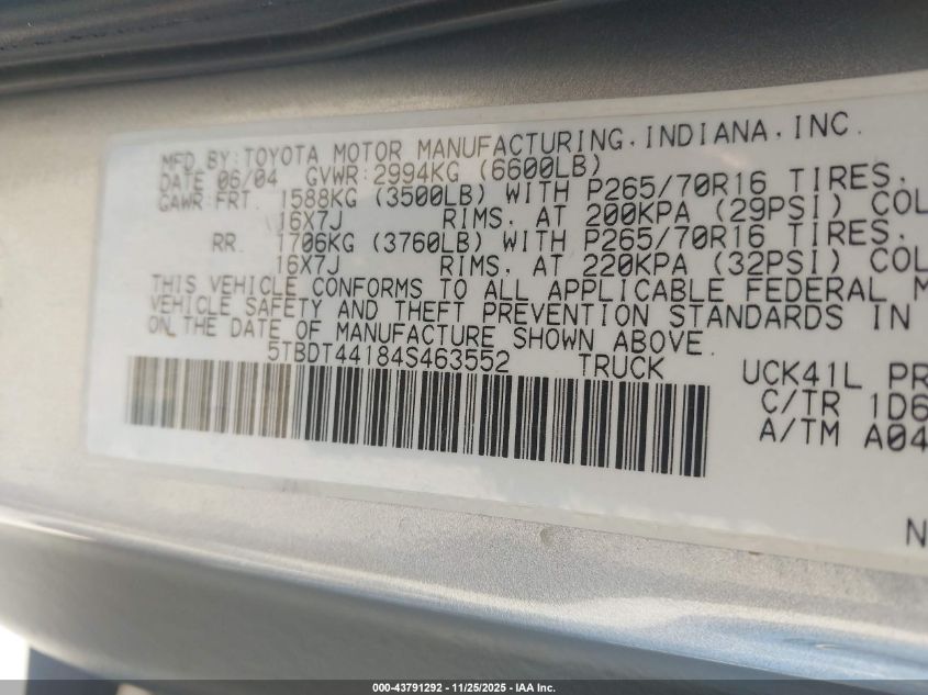 2004 Toyota Tundra Sr5 V8 VIN: 5TBDT44184S463552 Lot: 43791292