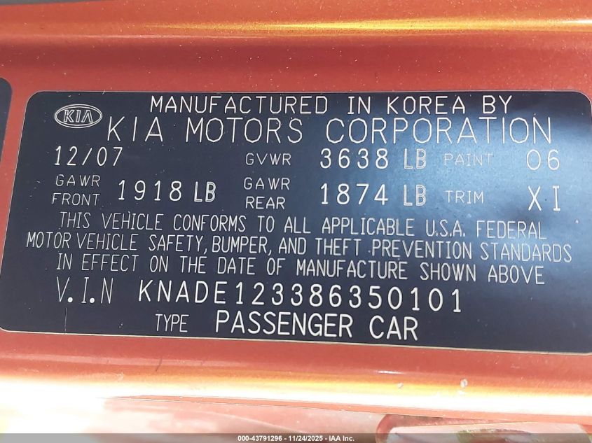 2008 Kia Rio Sx VIN: KNADE123386350101 Lot: 43791296