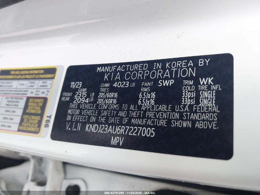 2024 Kia Soul Lx VIN: KNDJ23AU6R7227005 Lot: 43791299