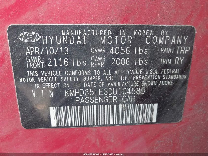 2013 Hyundai Elantra Gt VIN: KMHD35LE3DU104585 Lot: 43791306