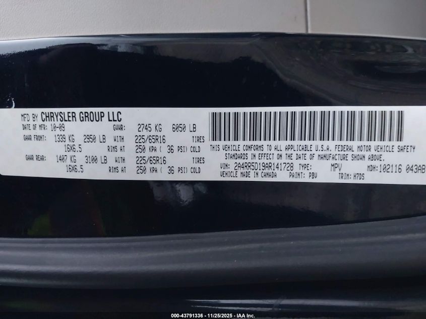 2010 Chrysler Town & Country Touring VIN: 2A4RR5D19AR141728 Lot: 43791336