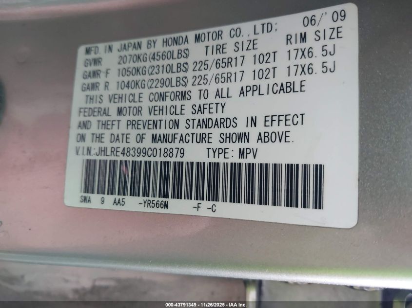 2009 Honda Cr-V Lx VIN: JHLRE48399C018879 Lot: 43791349