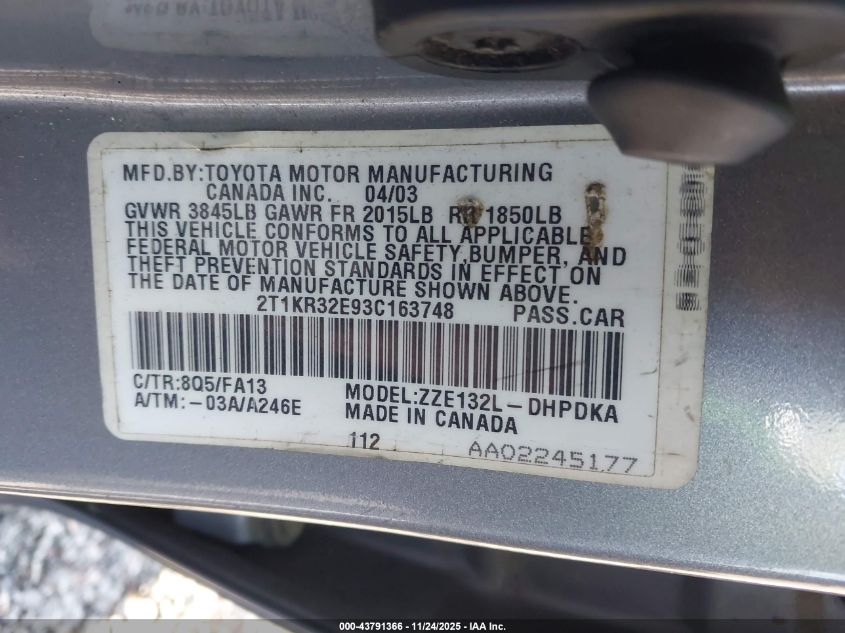 2003 Toyota Matrix Standard VIN: 2T1KR32E93C163748 Lot: 43791366