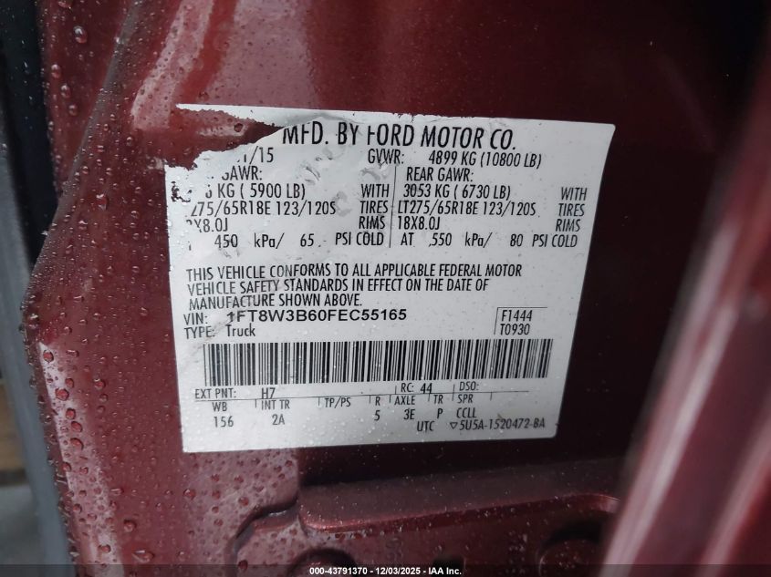 2015 Ford F-350 Xlt VIN: 1FT8W3B60FEC55165 Lot: 43791370