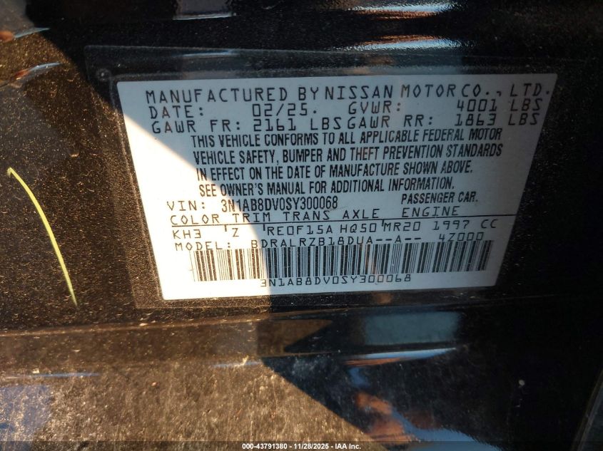 2025 Nissan Sentra Sr VIN: 3N1AB8DV0SY300068 Lot: 43791380