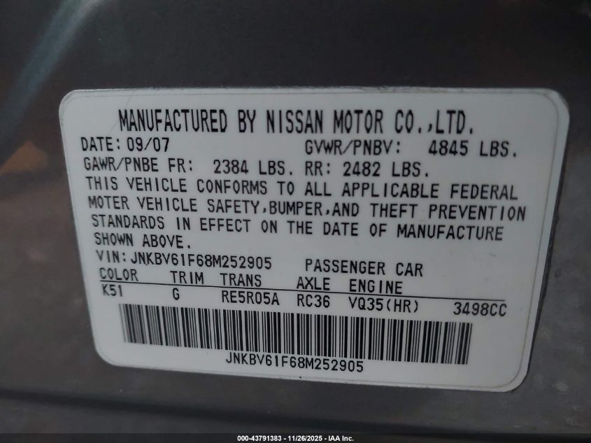 2008 Infiniti G35X VIN: JNKBV61F68M252905 Lot: 43791383