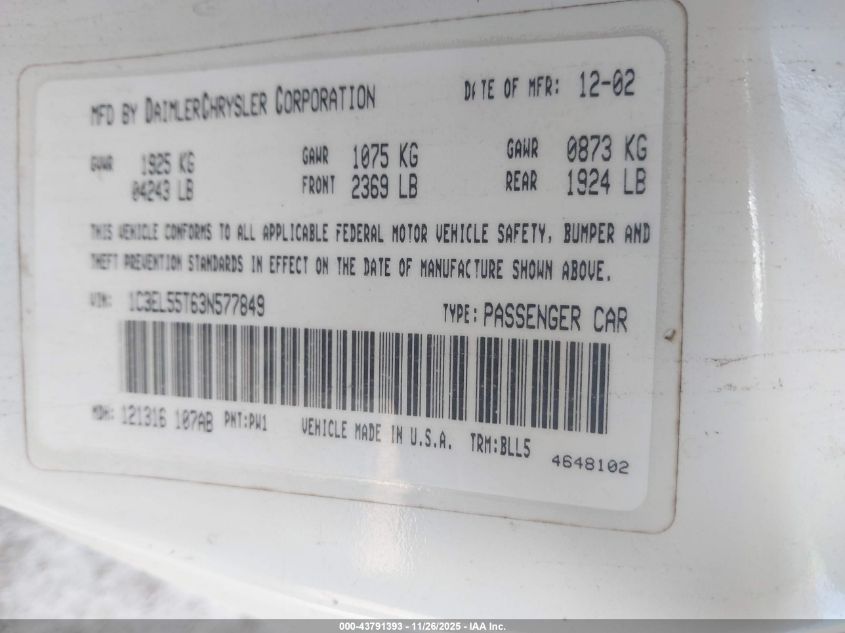 2003 Chrysler Sebring Lxi VIN: 1C3EL55T63N577849 Lot: 43791393