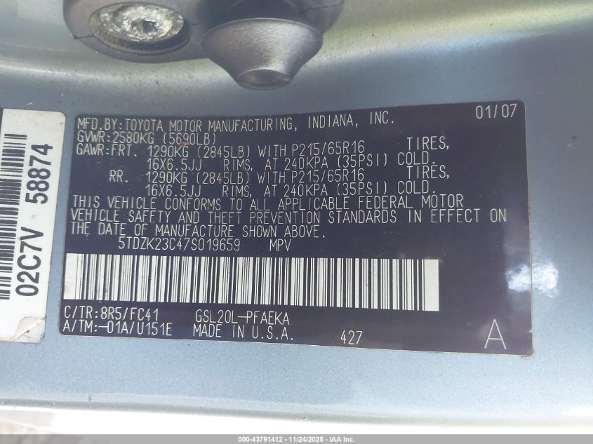 2007 Toyota Sienna Le VIN: 5TDZK23C47S019659 Lot: 43791412
