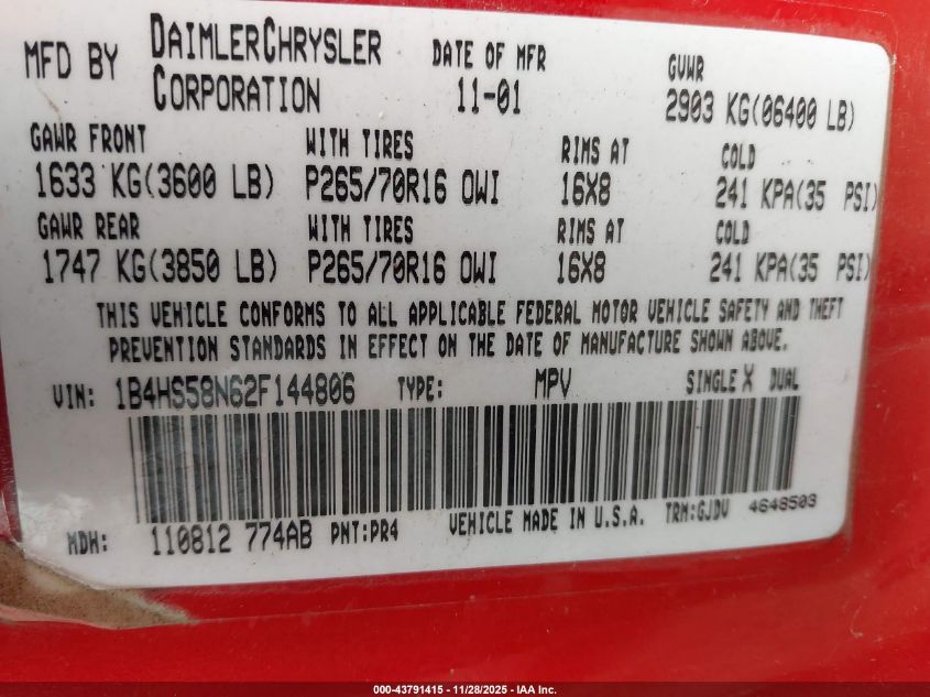 2002 Dodge Durango Slt Plus VIN: 1B4HS58N62F144806 Lot: 43791415
