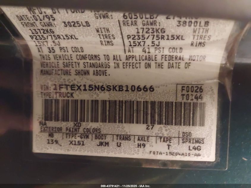 1995 Ford F150 VIN: 1FTEX15N6SKB10666 Lot: 43791421