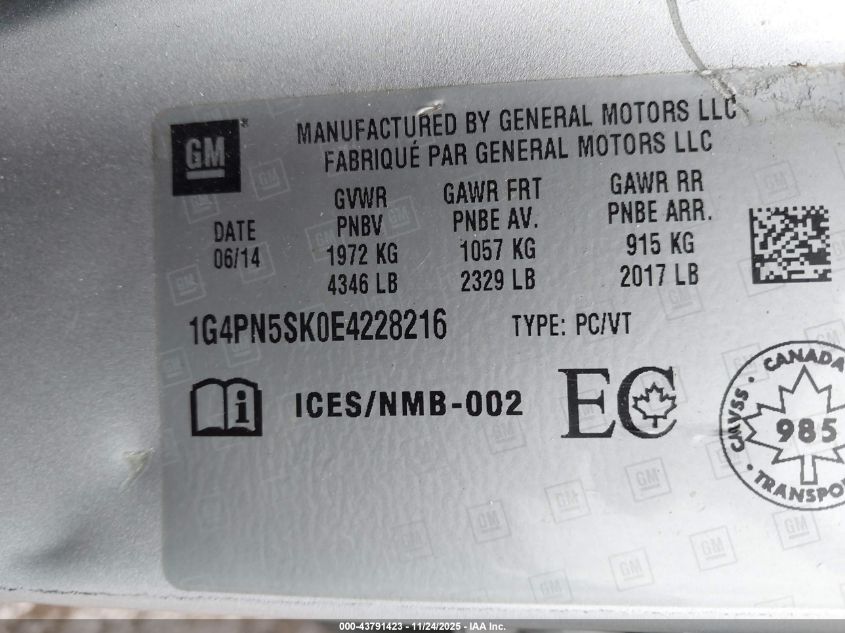 2014 Buick Verano VIN: 1G4PN5SK0E4228216 Lot: 43791423