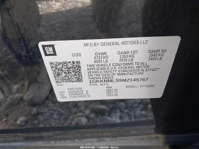 2021 GMC Acadia Fwd Slt VIN: 1GKKNMLS9MZ145767 Lot: 43791428