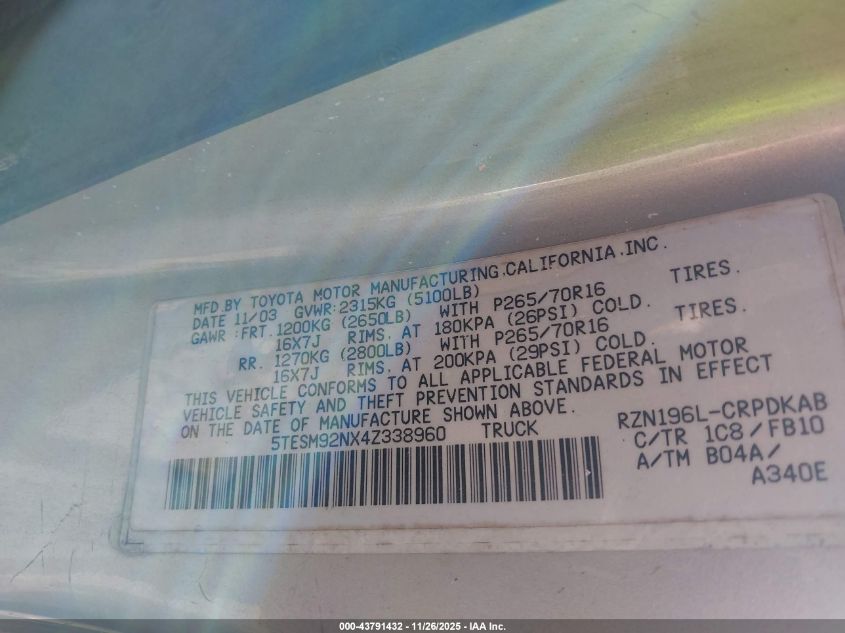 2004 Toyota Tacoma Prerunner VIN: 5TESM92NX4Z338960 Lot: 43791432