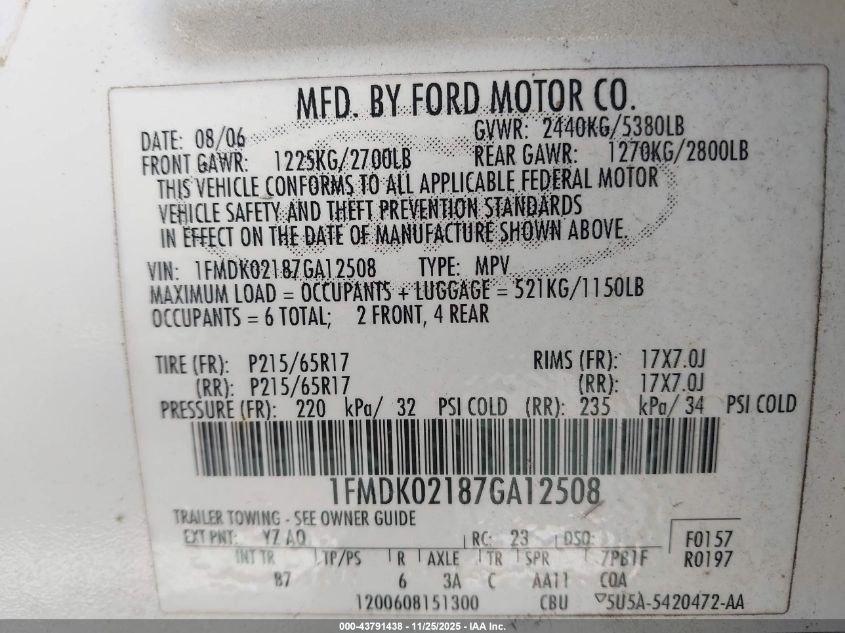 2007 Ford Freestyle Sel VIN: 1FMDK02187GA12508 Lot: 43791438