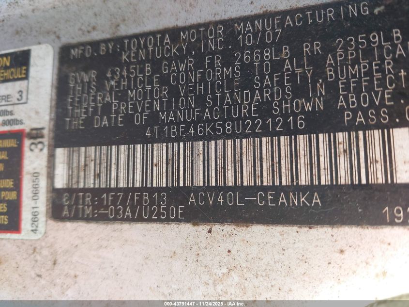 2008 Toyota Camry Le VIN: 4T1BE46K58U221216 Lot: 43791447