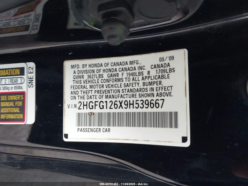 2009 Honda Civic Lx VIN: 2HGFG126X9H539667 Lot: 43791452
