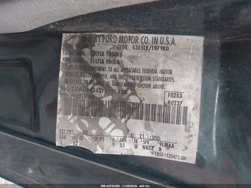 2000 Ford Mustang VIN: 1FAFP4043YF191430 Lot: 43791455