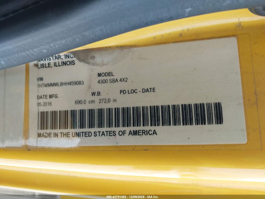 2017 International Durastar 4300 VIN: 1HTMMMML8HH459083 Lot: 43791492