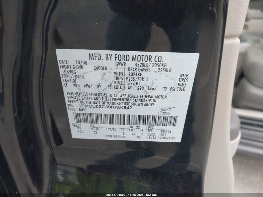 2009 Ford Escape Xlt VIN: 1FMCU03G39KA64542 Lot: 43791500