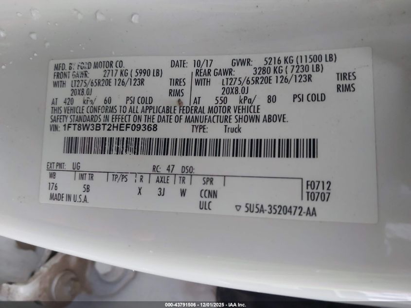 2017 Ford F-350 Lariat VIN: 1FT8W3BT2HEF09368 Lot: 43791506