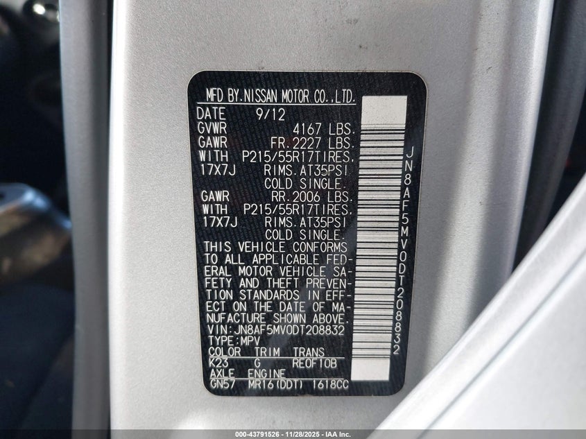 2013 Nissan Juke Sv VIN: JN8AF5MV0DT208832 Lot: 43791526